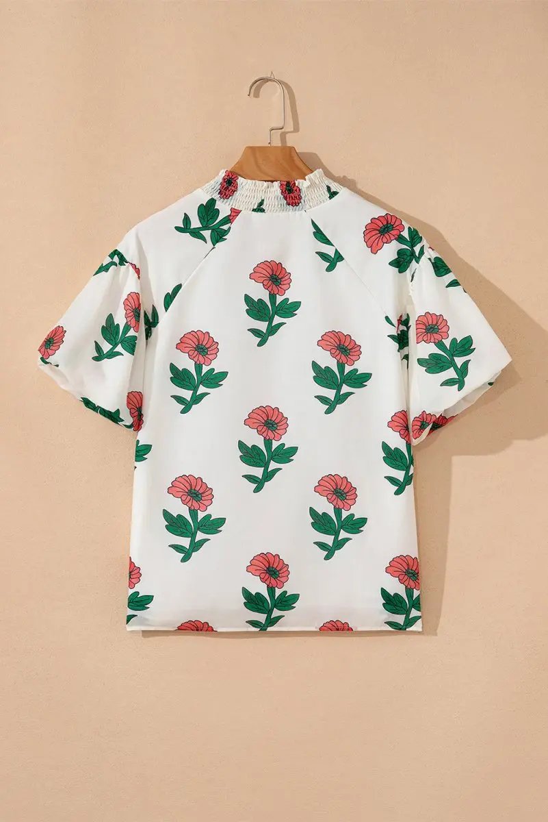 Beige Floral Print Shirred Split Neck Short Sleeve Blouse for Women - Love Salve